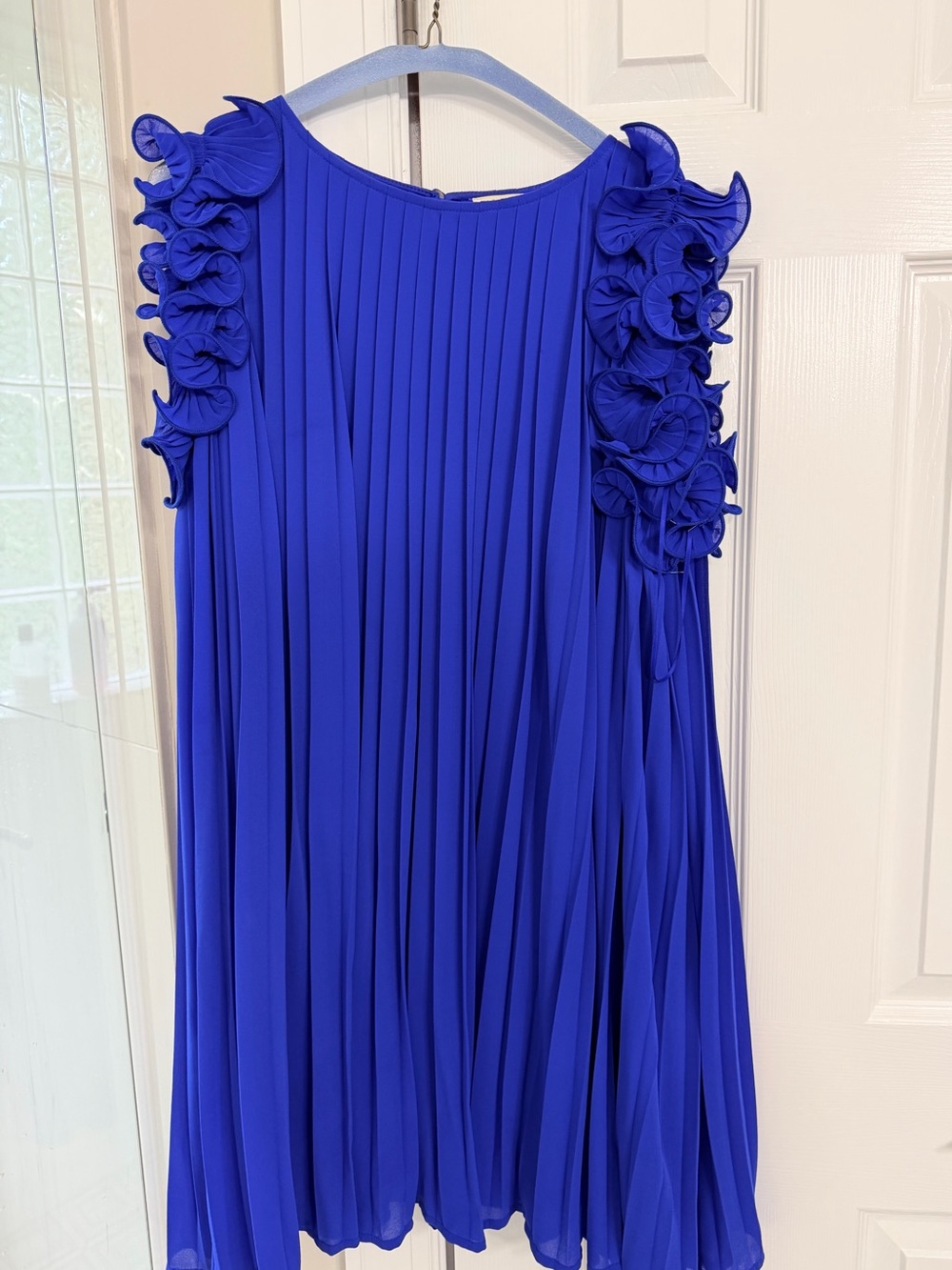 Jodifl Royal Blue Pleated Ruffle Shoulder Dress